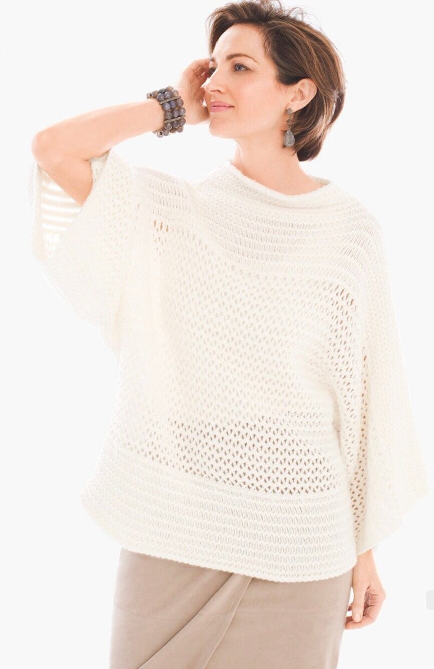 Black Label by Chico’s Womens L/XL  Ivory Open Weave Boxy Knit Top Dolman Sleeve
